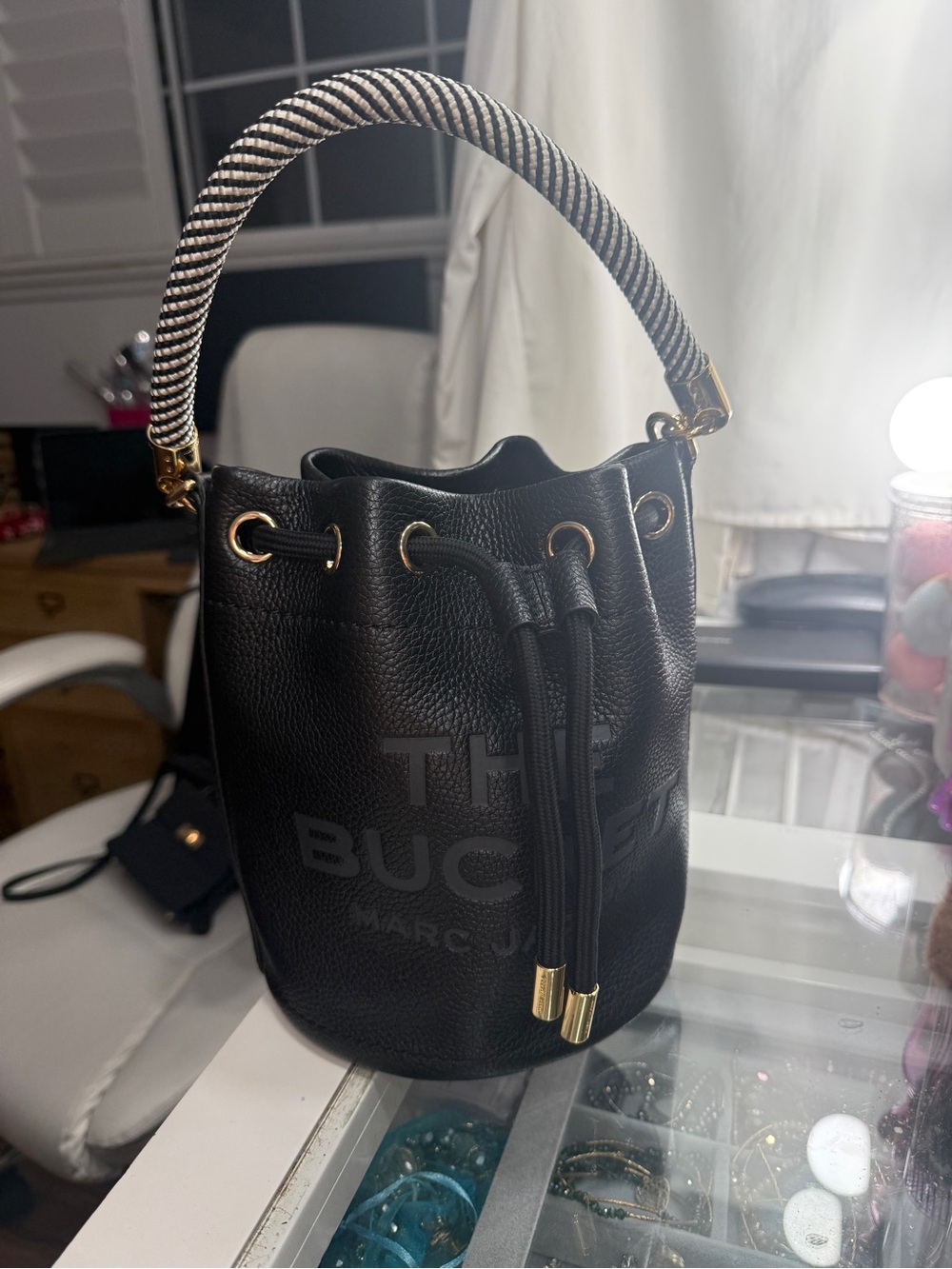 Marc Jacobs Black Leather Bucket Shoulder Bag with Striped Top Handle
